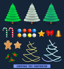 Set of three cartoon Xmas trees with decoration: balls, candies, star, bow, gingerbread, berries, tinsel. Vector template for design. Merry Christmas and Happy New Year.