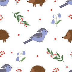 Fototapeta premium vector graphic seamless pattern with birds, hedgehogs and plants