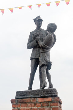 Grudziadz, Poland - July 26, 2021: Monument to the uhlan with a girl (Pomnik ulana z dziewczyna).