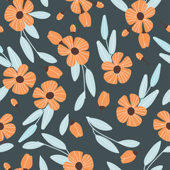 Seamless pattern with cute orange flowers and leaf on dark background 