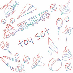 cartoon cute set of toys. rainbow outline
