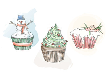 three Christmas cookies on colorful backgrounds, concept for a poster, postcard, post on social media. vector illustration, watercolor, sketch