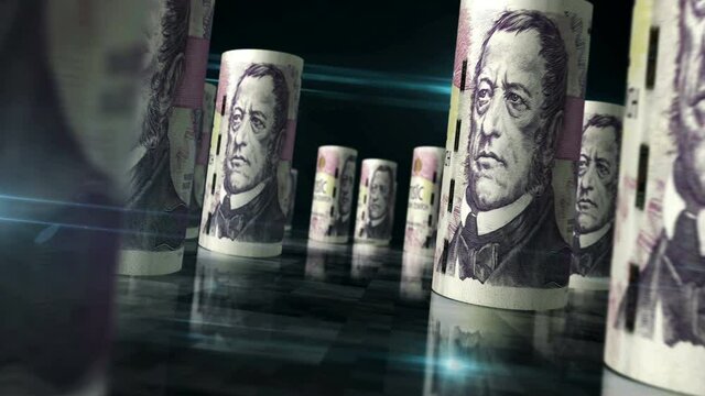 Czech koruna rolls loop 3d animation. Money on the table. Seamless and loopable abstract concept of economy, finance, business and recession. Camera between CZK rolled banknotes.