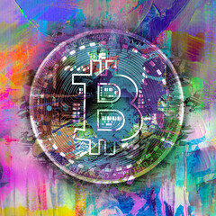 colorful bitcoin with bright paint splatters on dark background, cryptocurrency concept 