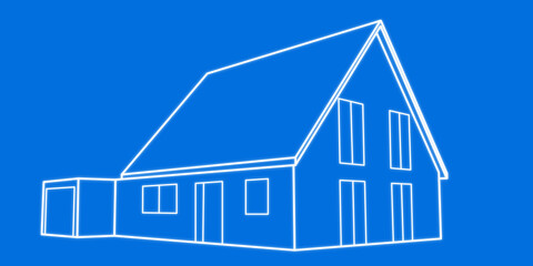 Ansicht eines Entwurfs für ein Einfamilienhaus mit Satteldach und Garage aus der Straßenansicht, Wohnhaus, Wohnungsbau, Neubau, Planung, Architektur, Blueprint