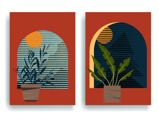 Modern poster with minimalist design elements . Window and arch in Boho style  . Wall art , home deco . Vector abstract shape.