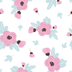 Fototapeta na wymiar Seamless pattern with cute pink flowers and leaf on white background