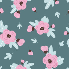 Seamless pattern with cute pink flowers and leaf on dark background