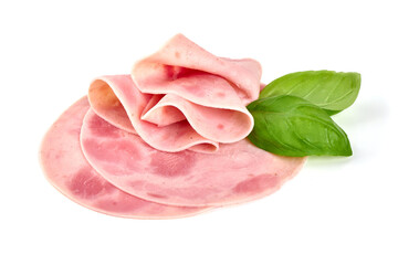 Cooked boiled ham sausage, isolated on white background.