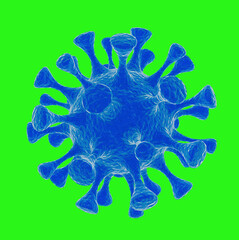 Blue coronavirus on a green background background, close-up, 3D rendering.