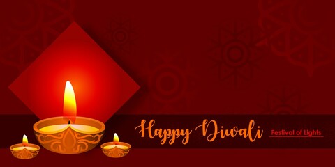 Diya lamp with fire lighting for Diwali, Deepavali or Diwali, the indian festival of lights on dark red color background with copy space