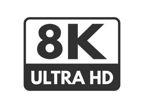 8K video symbol. Ultra HD icon on white backdrop. High definition 8K resolution mark. UHD video white and black logo. Vector illustration