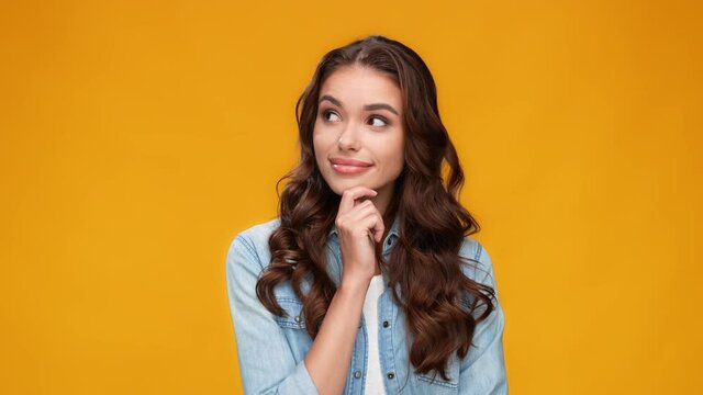 Minded smart lady finger chin look empty space creative problem solution concept
