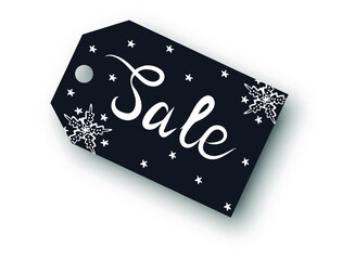 Dark blue color price tag with snowflakes, isolated on white background. Winter holidays sale icon. Vector illustration.