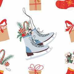 Winter new year pattern vector hand drawing holiday christmas illustration with skates candy gifts poinsettia for fabric gift paper print in red green yellow white colors. Vector illustration. Vector