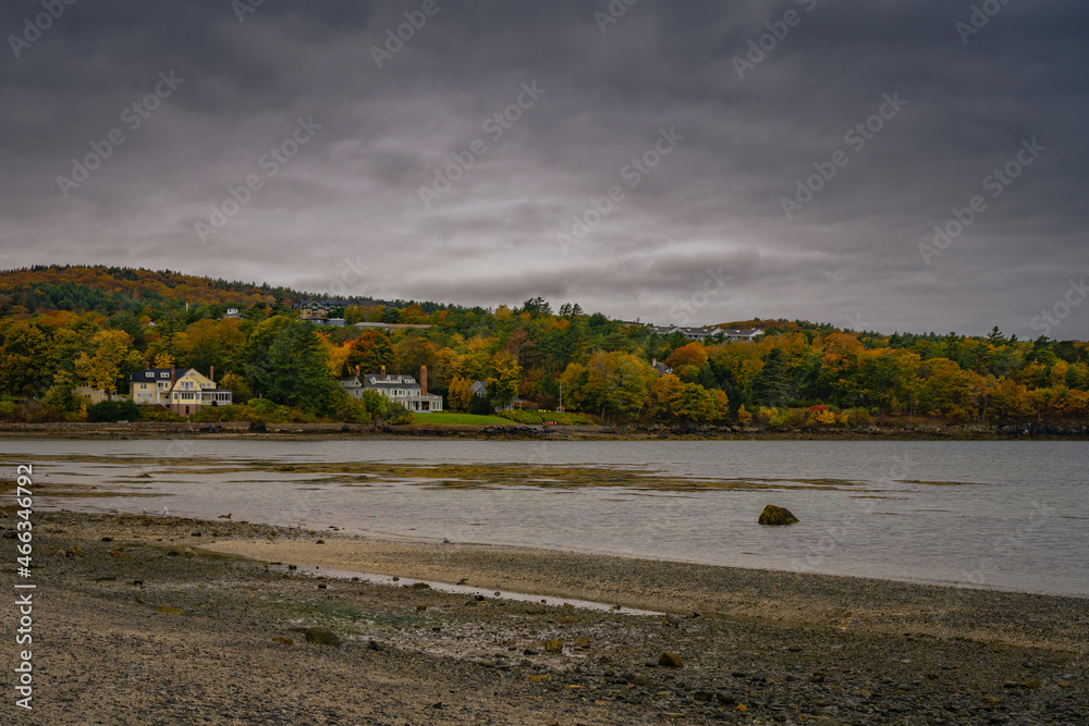 Wall mural 2021-10-31 an inlet with fall leaves and a dark cloudy sky in booth bay maine