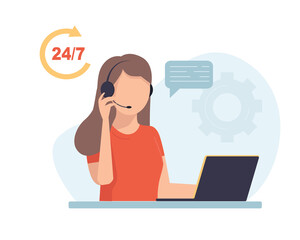 Woman with headphones and microphone with laptop. Concept illustration for support, assistance, call center. Vector illustration in flat style