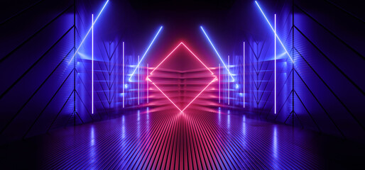 Neon Laser Sci Fi Cyber Futuristic Spaceship Tunnel Corridor Glowing  Blue Red Lights Metal Columns Showroom Warehouse Underground Cement Concrete Glossy Floor Background Realistic 3D Rendering