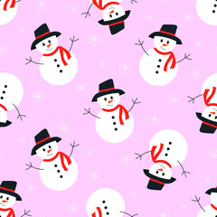 Cute cartoon snowmen seamless pattern. Christmas background with snowmen and snowflakes. Winter vector design for happy holidays. Template for children's pajamas, packaging, textiles.