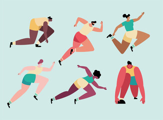 athletes running six characters