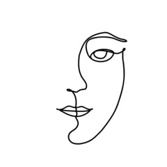 Continuous one line face. Woman stylied minimal artwork. Vector freehand contour