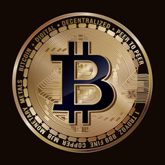 Vector drawing, golden bitcoin coin on black background