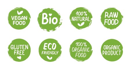 Bio green labels. Organic eco logo set. Vector ecology round banners or stickers