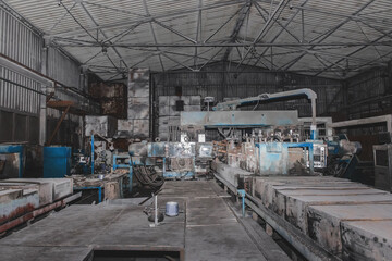 Fototapeta premium General plan of the industrial workshop of the plant production with old machines and equipment for metalworking factory manufacturing