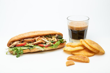Vietnamese Baguette with grilled chicken and mixed salad, served with crunchy prawn chips and coffee