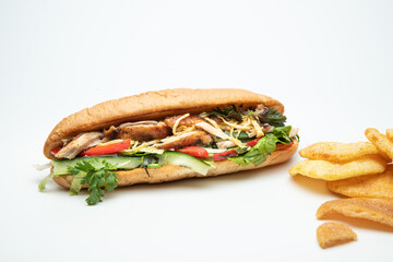 Vietnamese Baguette with grilled chicken and mixed salad, served with crunchy prawn chips and coffee