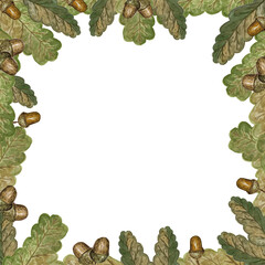 Watercolor square frame made of oak leaves and acorns