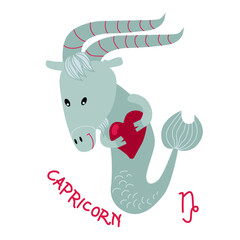 Funny Zodiac Capricorn Sign. Comic Capricorn horoscope symbol with heart. Flat cartoon style sketch vector illustration