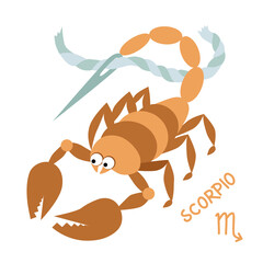 Funny Zodiac Scorpio Sign. Comic Scorpion horoscope symbol with needle in the tail. Flat cartoon style sketch vector illustration