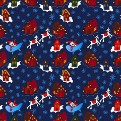 Hand drawn colorful christmas seamless pattern  with cute cartoon houses in the snow, santa claus with reindeer. vector illustration perfect for wrapping paper, greeting cards and holiday banners 