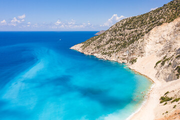 Fototapeta na wymiar Aerial photo of paradise exotic sea of Myrtos beach under the mountain at Kefalonia island Greece
