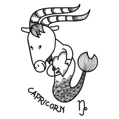 Funny Zodiac Capricorn Sign. Humorous Capricorn horoscope symbol with heart. Line art sketch vector illustration