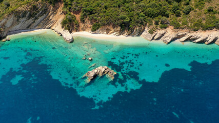 Aerial drone photo of paradise turquoise sea at Gidaki beach in Ithaca Greece