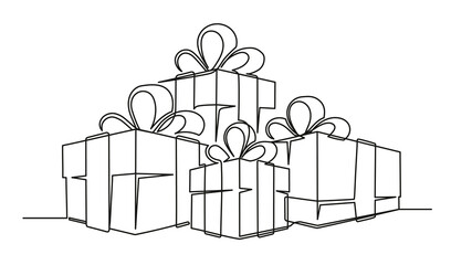 Set of continuous one line drawing of Christmas gift boxes. Christmas gift boxes isolated on white background. Vector illustration
