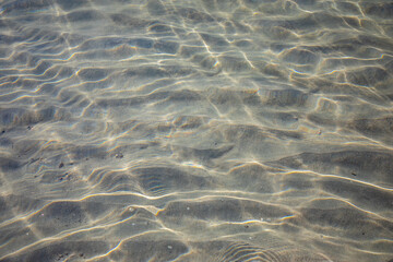 Fototapeta na wymiar Ripples on surface of sand sea bottom, clear and calm blue sea water, fishes in water, nature texture 
