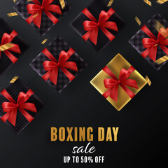 Boxing day sale or black friday shopping concept design of red, gold, black, boxing gloves holding for happy time with decorative elements cut style on color Background. 