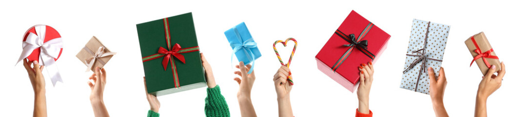 Hand with gift box on white background