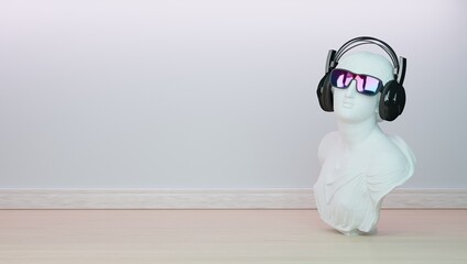 Sculpture of Venus with glasses and headphones in the background of the room. 3d rendering.