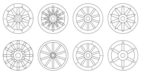 Wooden wheel outline vector set illustration of icon.Wheel wagon vector set of icon.outline collection wooden cartwhee wagon on white background. © VectorVicePhoto