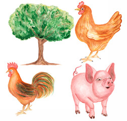 Farm Animals Clipart, Watercolor hand drawn ruster and cock Clip art, Cute pig illustration, chicken clip art, Village set