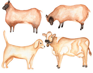 Farm Animals Clipart, Watercolor hand drawn Cow Clip art, Cute Dog illustration, Sheeps clip art, Village set