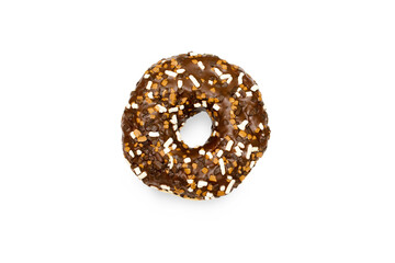 Creative concept of biting eating delicious sweet sugar brown black doughnut donut with glaze on white background. Top view flat lay unhealthy dessert, Food concept, mock up