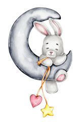 Fototapeta na wymiar Cute bunny on the moon with star and heart; watercolor hand drawn illustration; with white isolated background