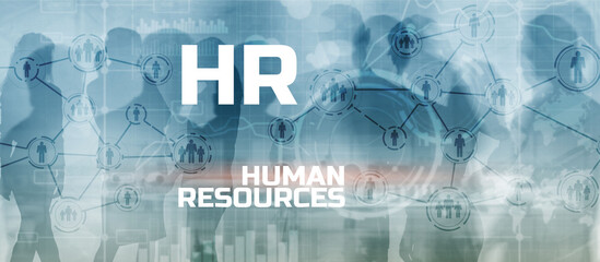 HR - Human resources management and recruitment concept. Double exposure people network mixed media structure