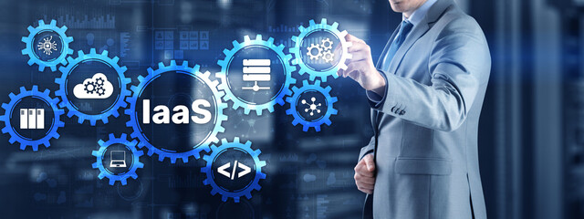 IaaS Infrastructure as a Service. Blue Online Gear Internet and networking concept
