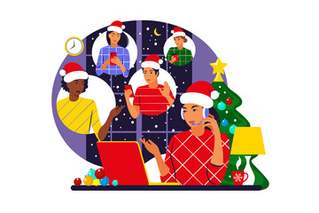 Friends celebrate Christmas and new year. Home online party. Girl in a Santa hat communicates with customers. Vector. Flat.